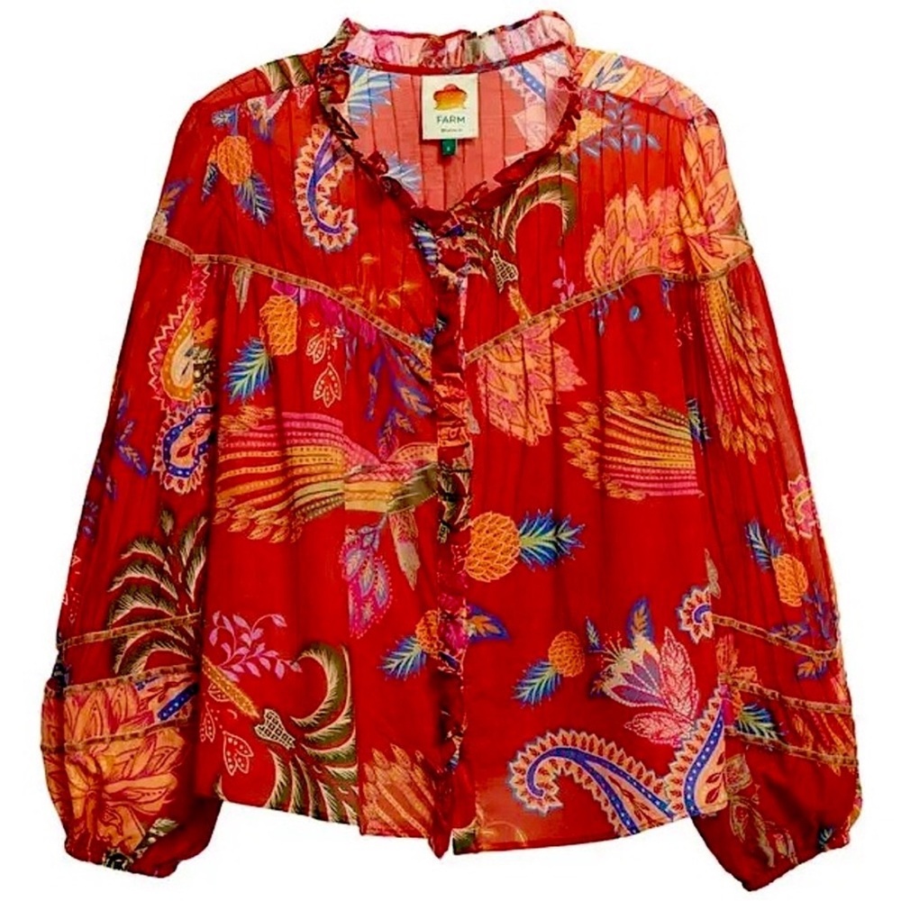FARM Rio Paisley Long Sleeve Button Up Blouse, NEW - Picture 3 of 14